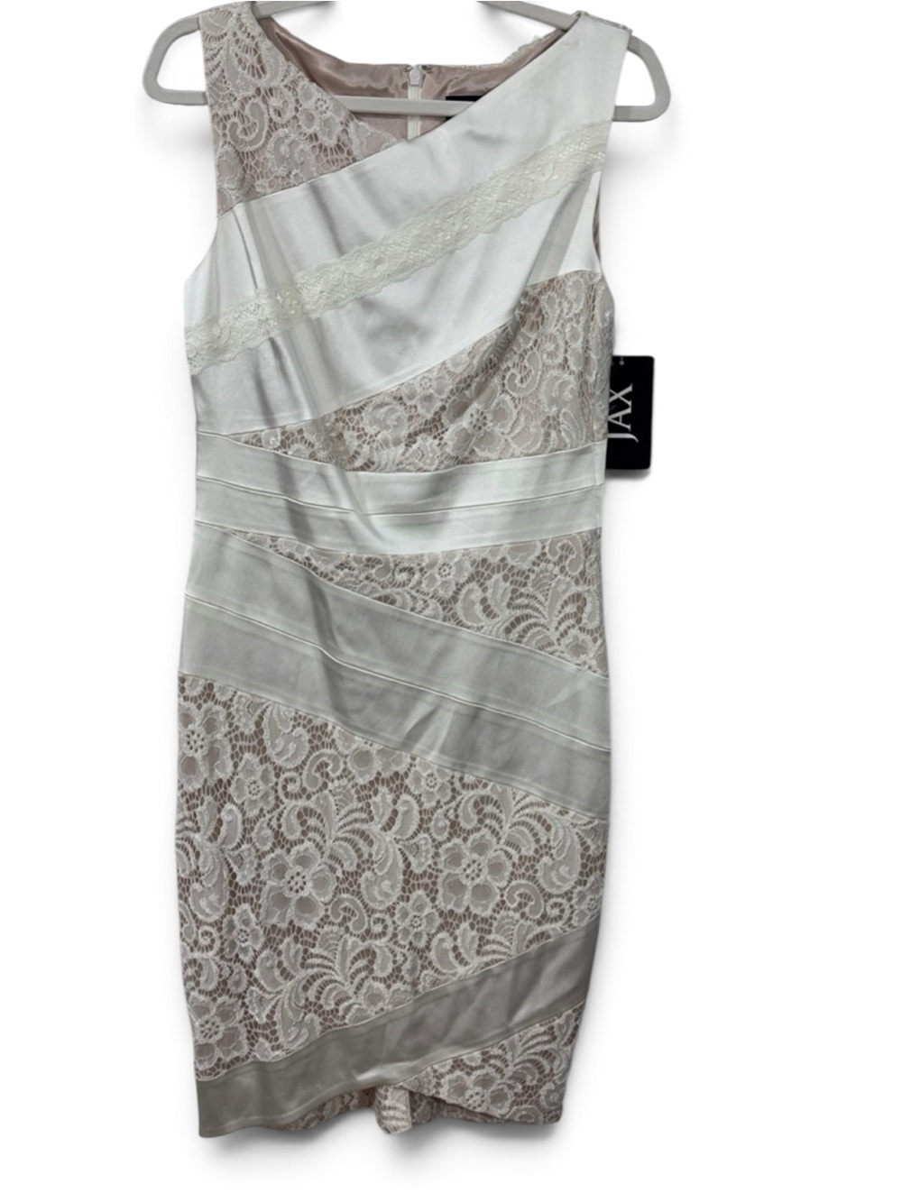 JAX Cream and Blush Sleeveless Lace and Satin Panel Dress - Size 8